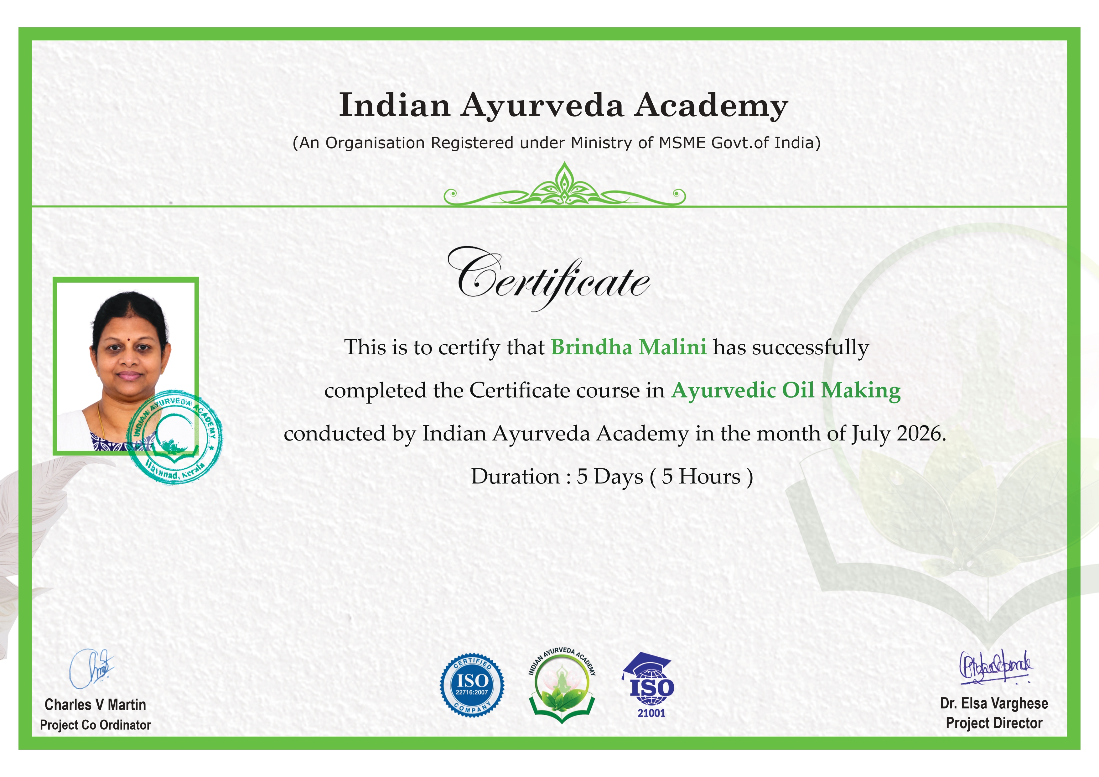 Hair oil certification from kerela Ayuvedic